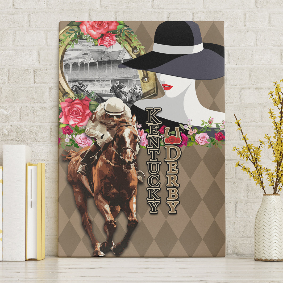 Kentucky Racing Horses Derby Hat Woman Canvas Wall Art Churchill Downs and Shoehorse Roses - Wonder Print Shop