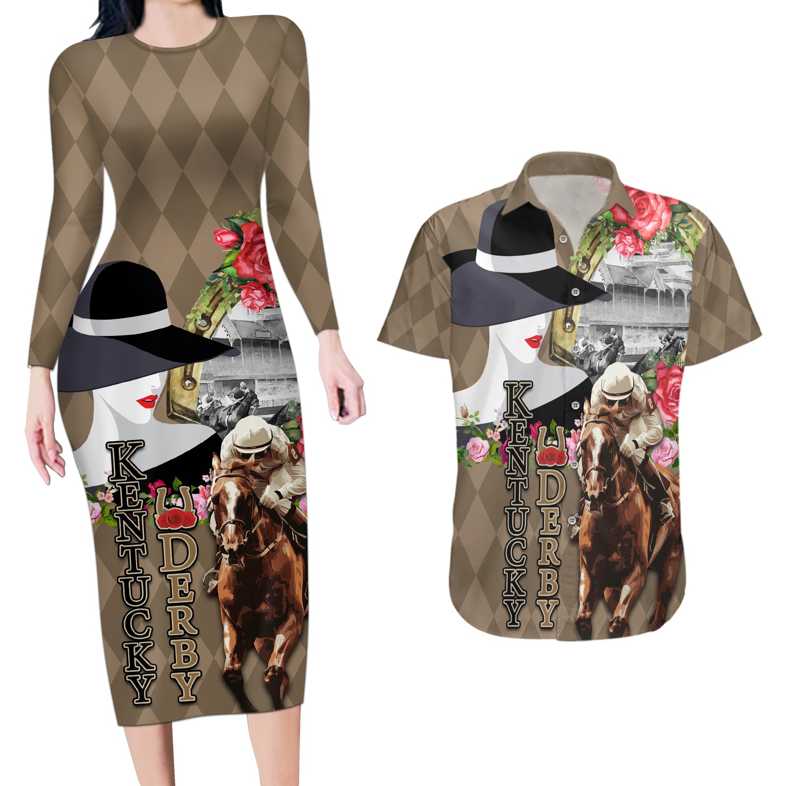 Kentucky Racing Horses Derby Hat Woman Couples Matching Long Sleeve Bodycon Dress and Hawaiian Shirt Churchill Downs and Shoehorse Roses - Wonder Print Shop