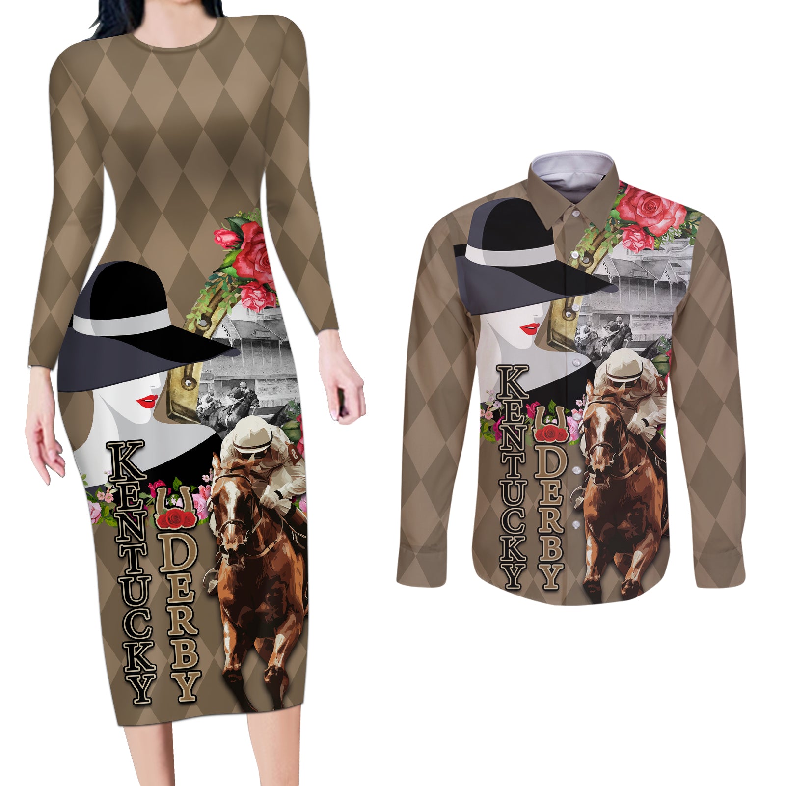 Kentucky Racing Horses Derby Hat Woman Couples Matching Long Sleeve Bodycon Dress and Long Sleeve Button Shirt Churchill Downs and Shoehorse Roses - Wonder Print Shop