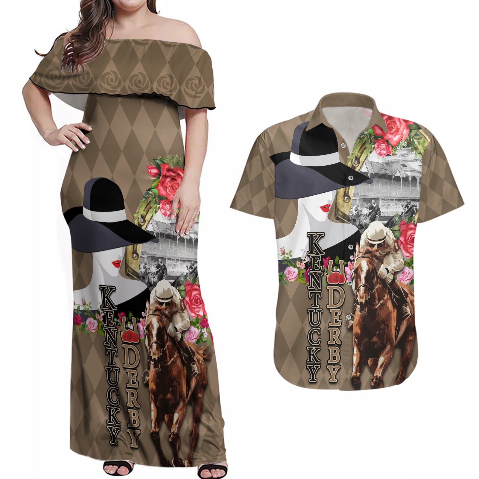 Kentucky Racing Horses Derby Hat Woman Couples Matching Off Shoulder Maxi Dress and Hawaiian Shirt Churchill Downs and Shoehorse Roses - Wonder Print Shop