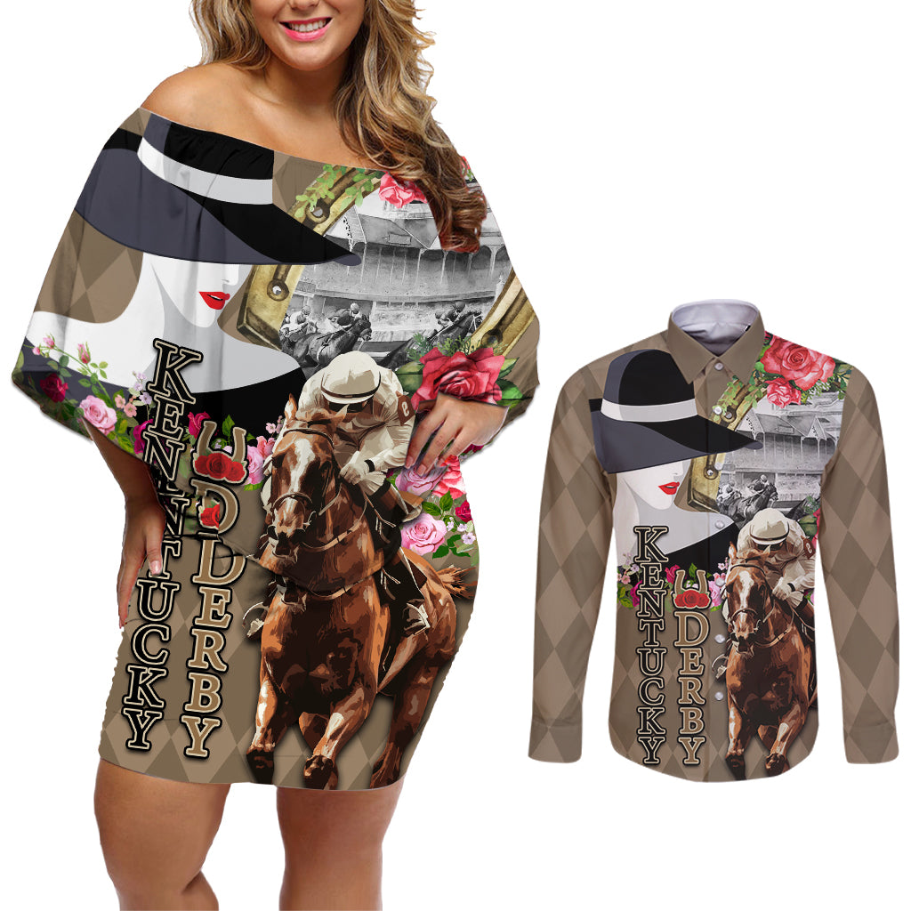 Kentucky Racing Horses Derby Hat Woman Couples Matching Off Shoulder Short Dress and Long Sleeve Button Shirt Churchill Downs and Shoehorse Roses - Wonder Print Shop