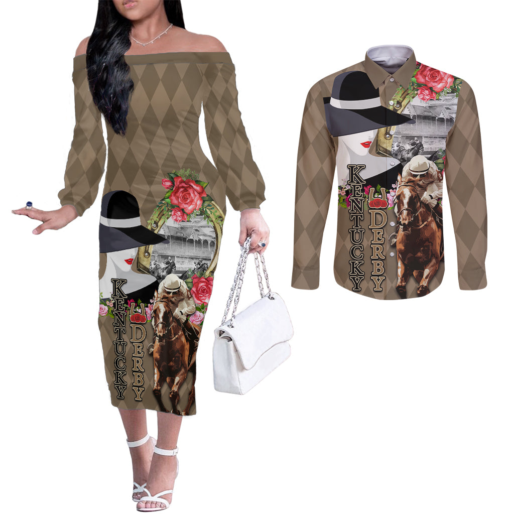 Kentucky Racing Horses Derby Hat Woman Couples Matching Off The Shoulder Long Sleeve Dress and Long Sleeve Button Shirt Churchill Downs and Shoehorse Roses