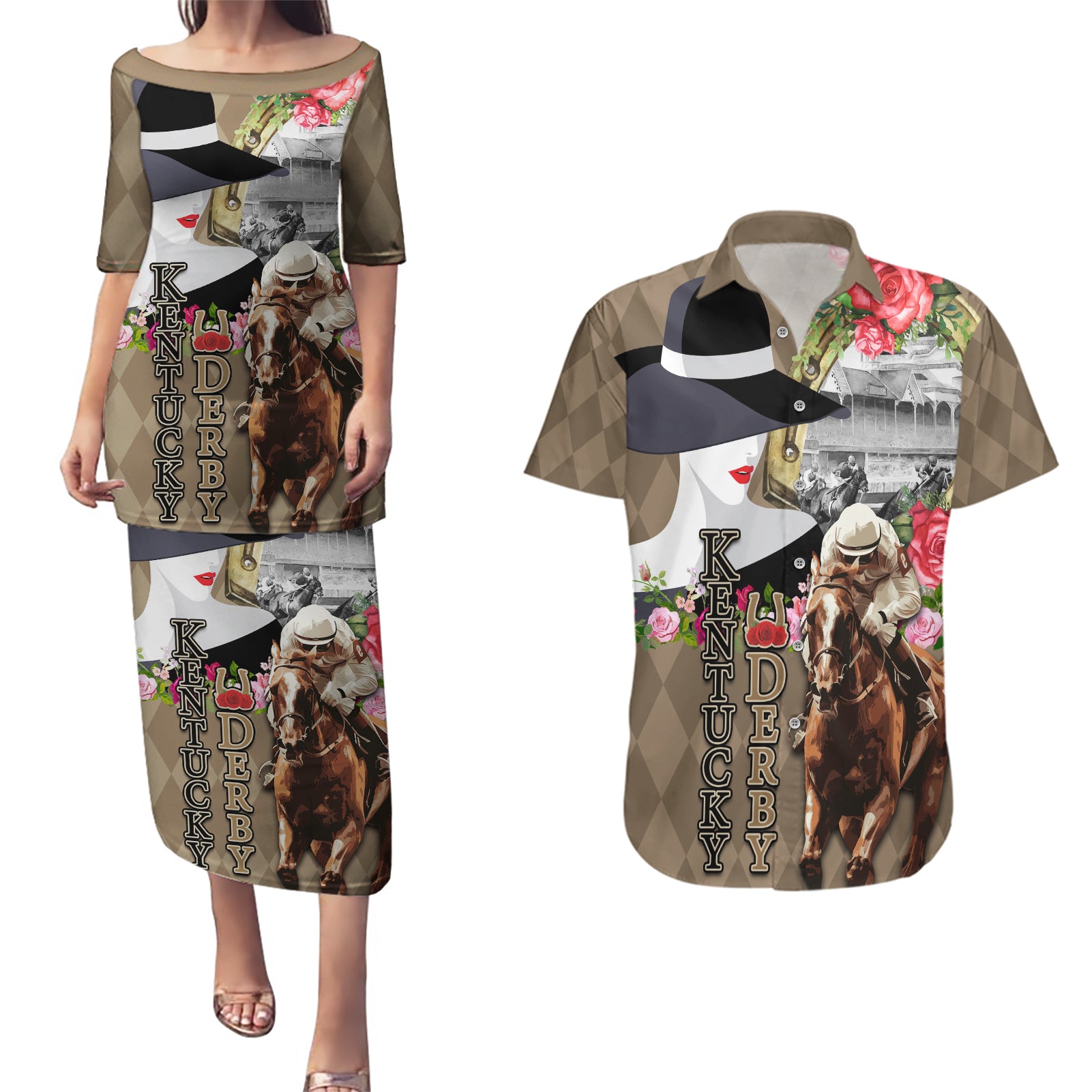 Kentucky Racing Horses Derby Hat Woman Couples Matching Puletasi and Hawaiian Shirt Churchill Downs and Shoehorse Roses - Wonder Print Shop