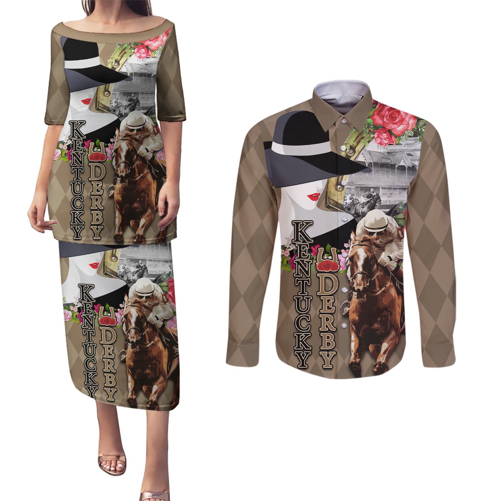 Kentucky Racing Horses Derby Hat Woman Couples Matching Puletasi and Long Sleeve Button Shirt Churchill Downs and Shoehorse Roses - Wonder Print Shop