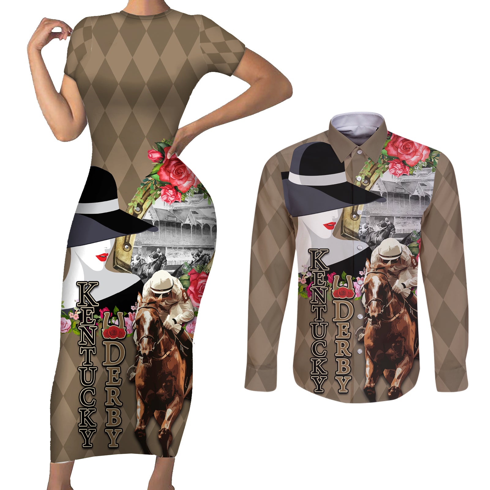 Kentucky Racing Horses Derby Hat Woman Couples Matching Short Sleeve Bodycon Dress and Long Sleeve Button Shirt Churchill Downs and Shoehorse Roses - Wonder Print Shop