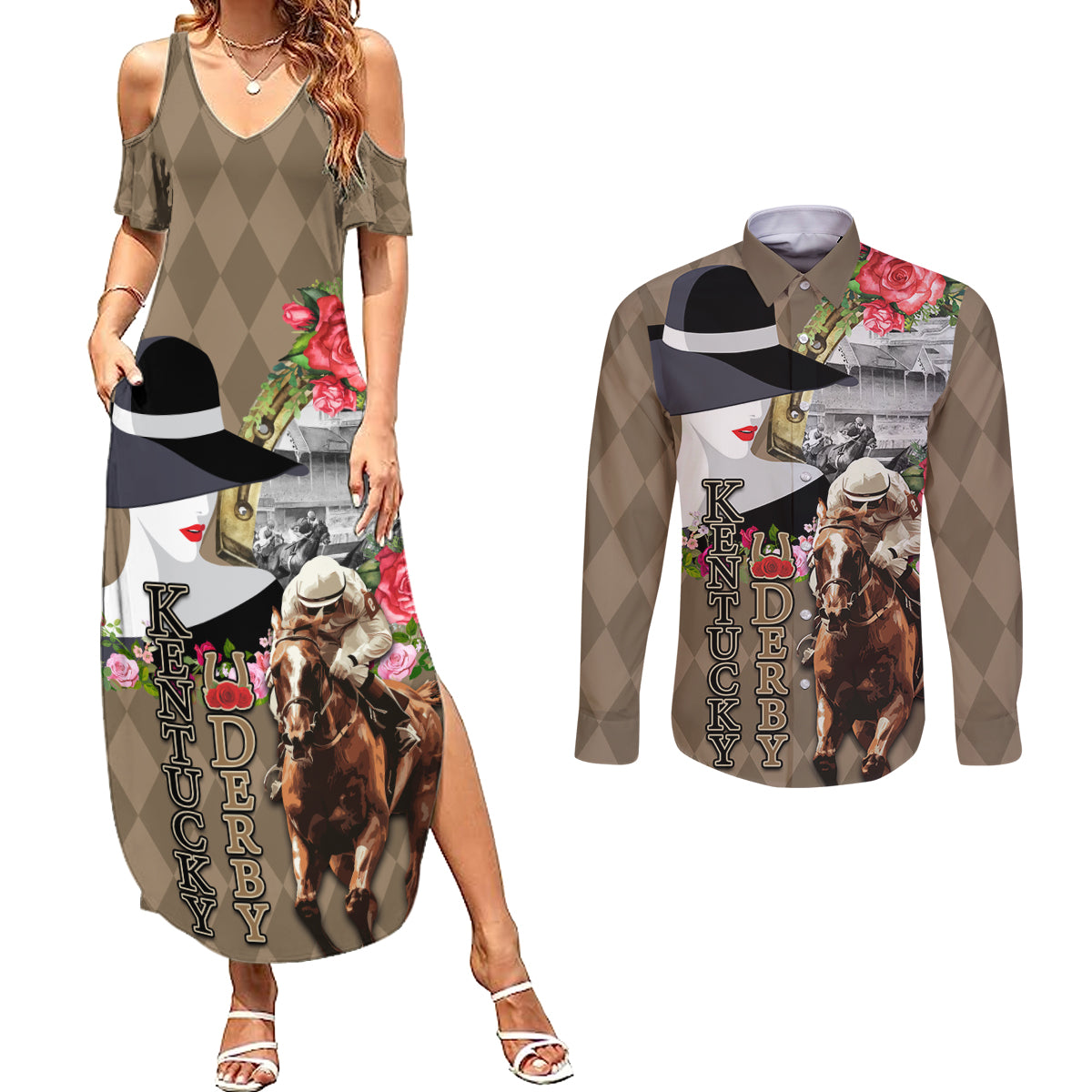 Kentucky Racing Horses Derby Hat Woman Couples Matching Summer Maxi Dress and Long Sleeve Button Shirt Churchill Downs and Shoehorse Roses - Wonder Print Shop