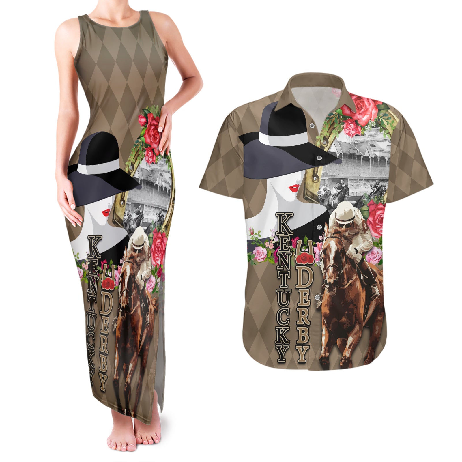 Kentucky Racing Horses Derby Hat Woman Couples Matching Tank Maxi Dress and Hawaiian Shirt Churchill Downs and Shoehorse Roses - Wonder Print Shop