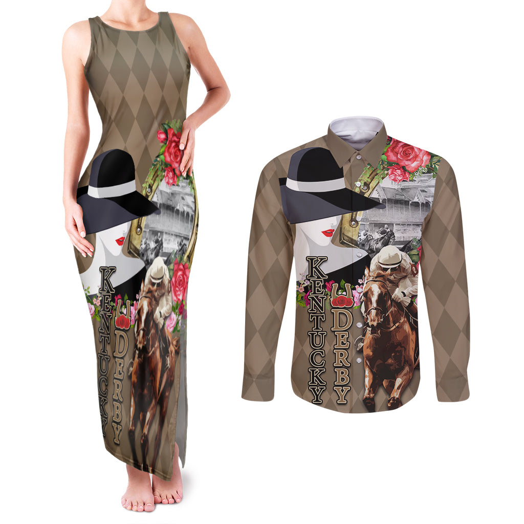 Kentucky Racing Horses Derby Hat Woman Couples Matching Tank Maxi Dress and Long Sleeve Button Shirt Churchill Downs and Shoehorse Roses - Wonder Print Shop