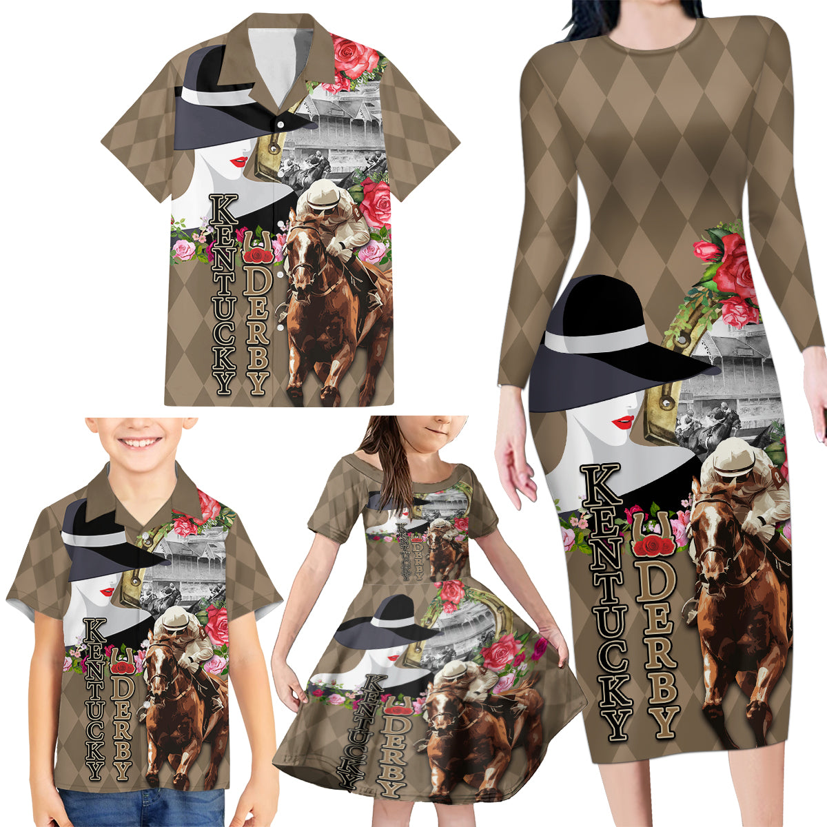 Kentucky Racing Horses Derby Hat Woman Family Matching Long Sleeve Bodycon Dress and Hawaiian Shirt Churchill Downs and Shoehorse Roses - Wonder Print Shop