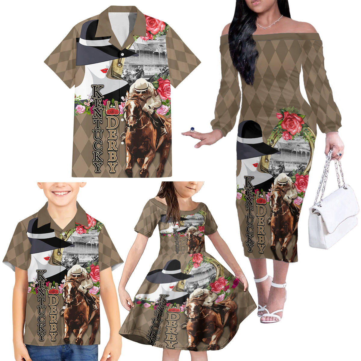 Kentucky Racing Horses Derby Hat Woman Family Matching Off The Shoulder Long Sleeve Dress and Hawaiian Shirt Churchill Downs and Shoehorse Roses - Wonder Print Shop