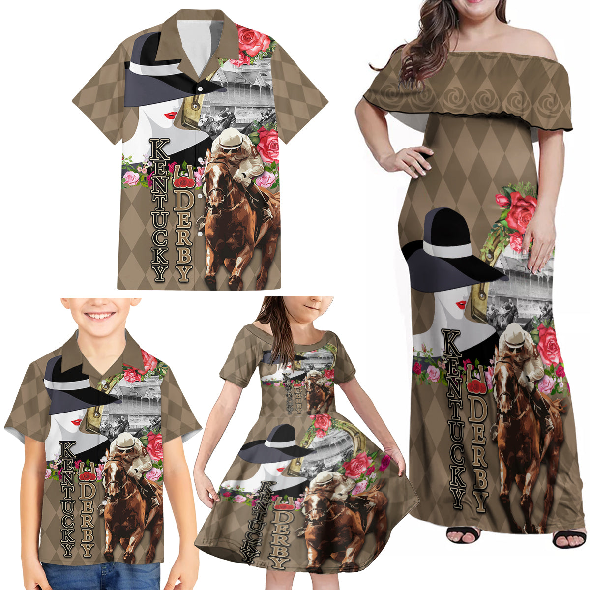 Kentucky Racing Horses Derby Hat Woman Family Matching Off Shoulder Maxi Dress and Hawaiian Shirt Churchill Downs and Shoehorse Roses - Wonder Print Shop