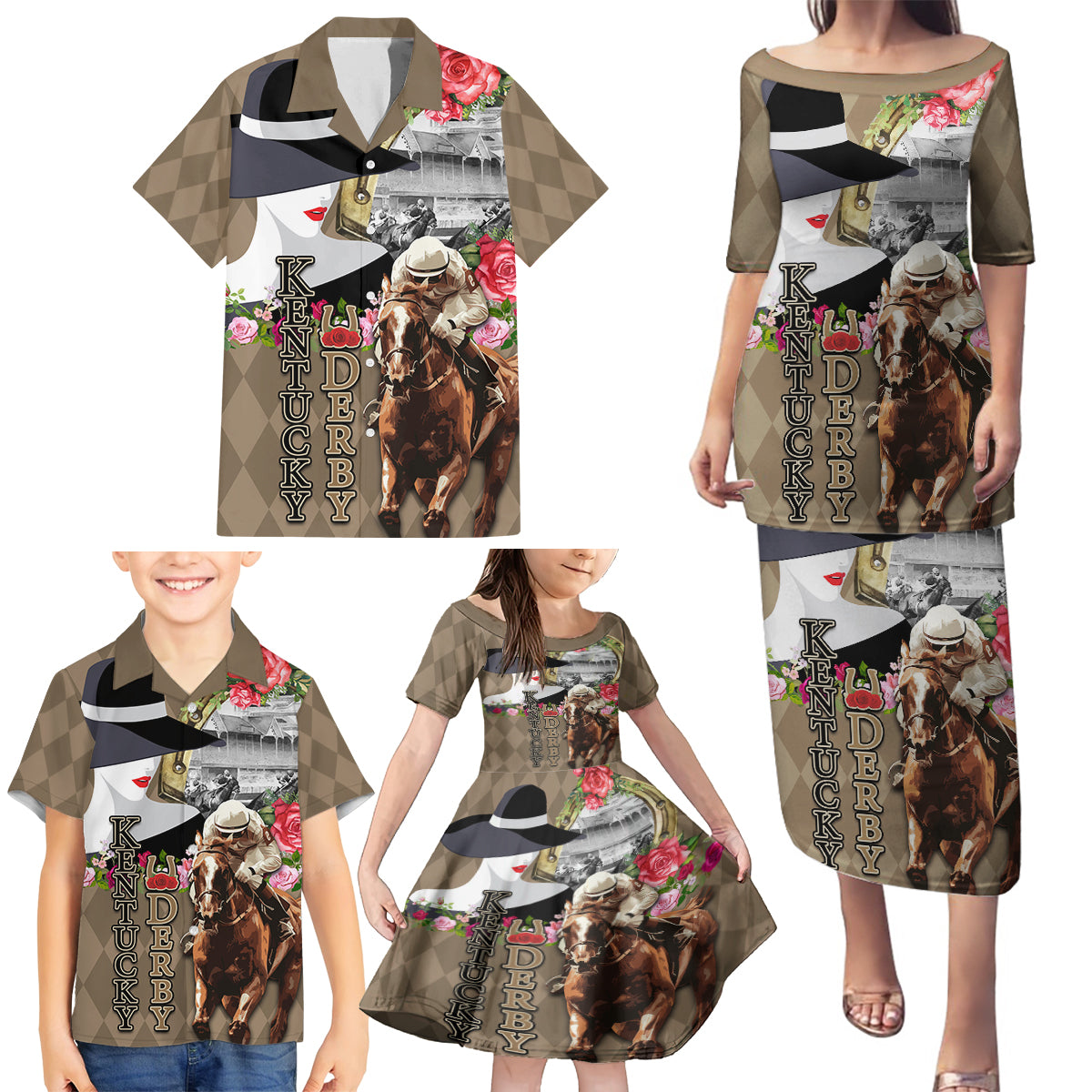 Kentucky Racing Horses Derby Hat Woman Family Matching Puletasi and Hawaiian Shirt Churchill Downs and Shoehorse Roses - Wonder Print Shop