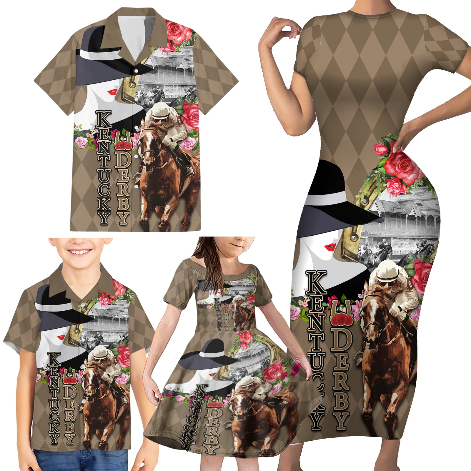 Kentucky Racing Horses Derby Hat Woman Family Matching Short Sleeve Bodycon Dress and Hawaiian Shirt Churchill Downs and Shoehorse Roses - Wonder Print Shop