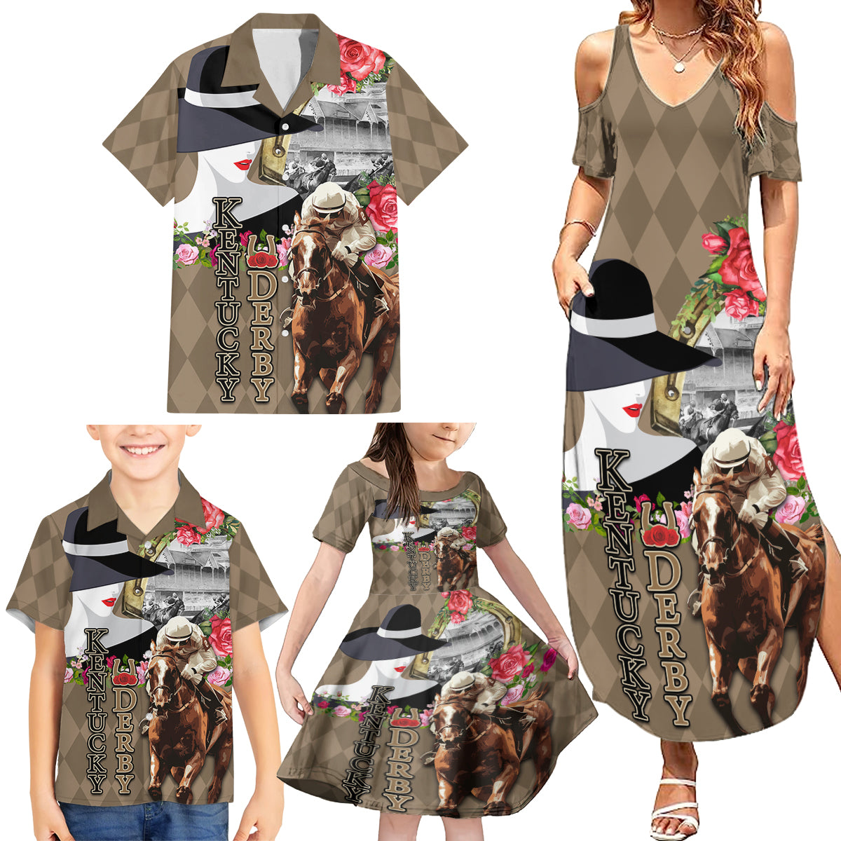 Kentucky Racing Horses Derby Hat Woman Family Matching Summer Maxi Dress and Hawaiian Shirt Churchill Downs and Shoehorse Roses - Wonder Print Shop