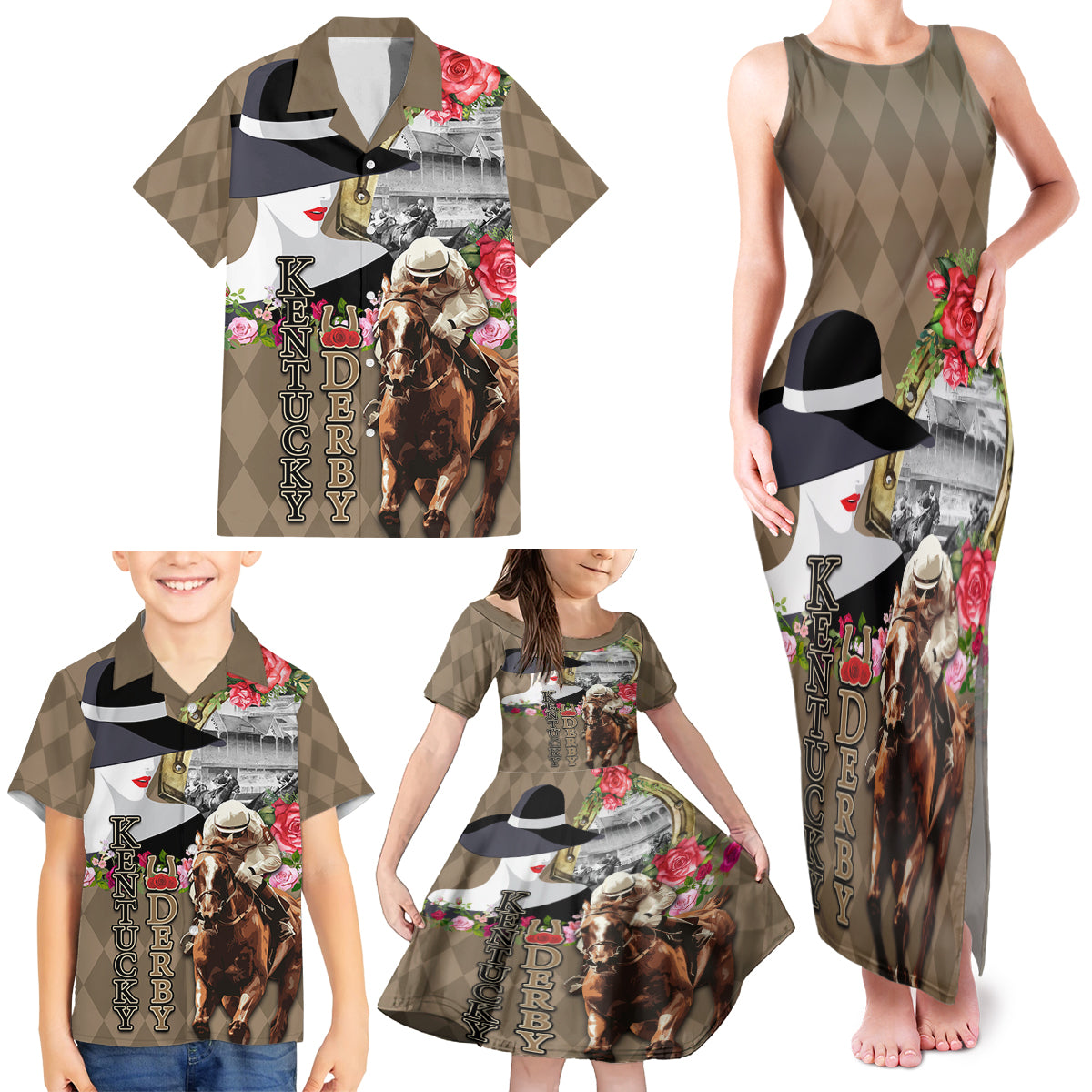 Kentucky Racing Horses Derby Hat Woman Family Matching Tank Maxi Dress and Hawaiian Shirt Churchill Downs and Shoehorse Roses - Wonder Print Shop