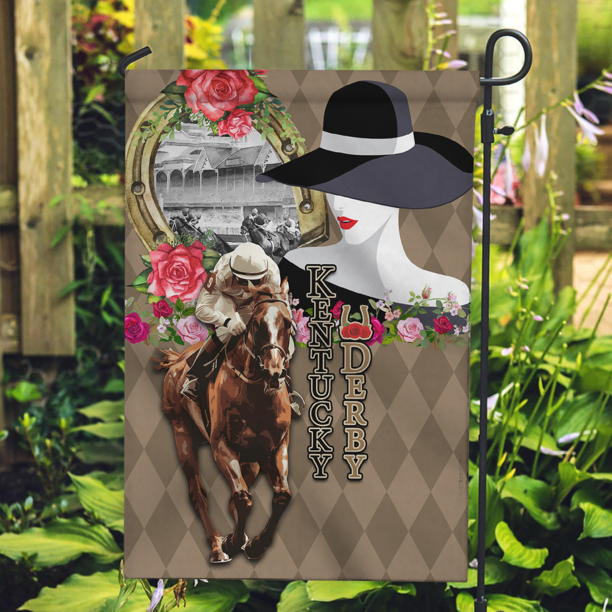 Kentucky Racing Horses Derby Hat Woman Garden Flag Churchill Downs and Shoehorse Roses - Wonder Print Shop