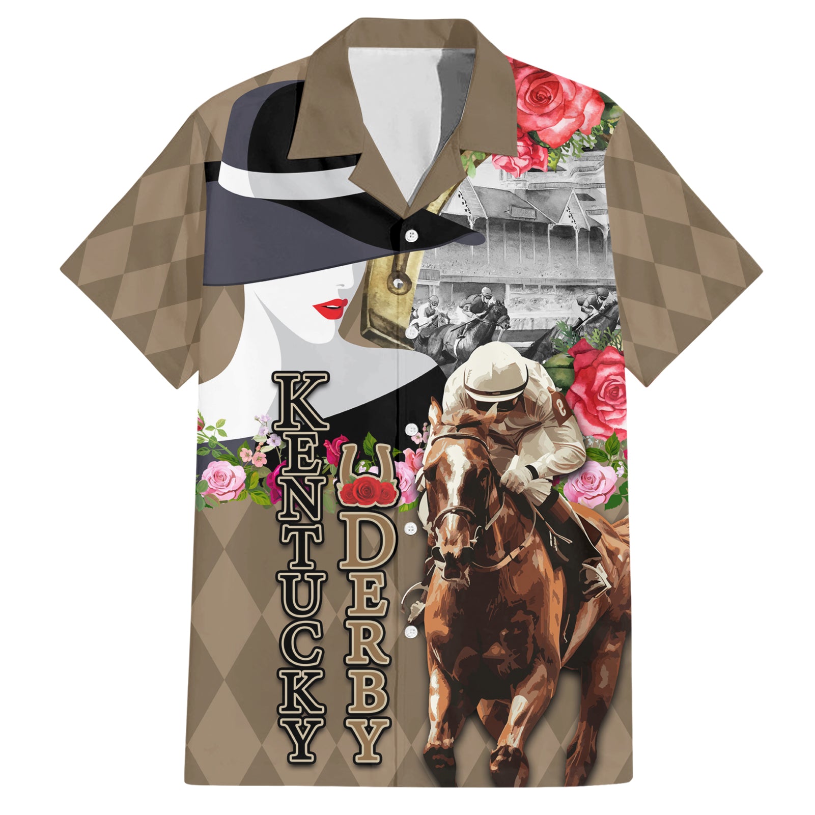 Kentucky Racing Horses Derby Hat Woman Hawaiian Shirt Churchill Downs and Shoehorse Roses - Wonder Print Shop