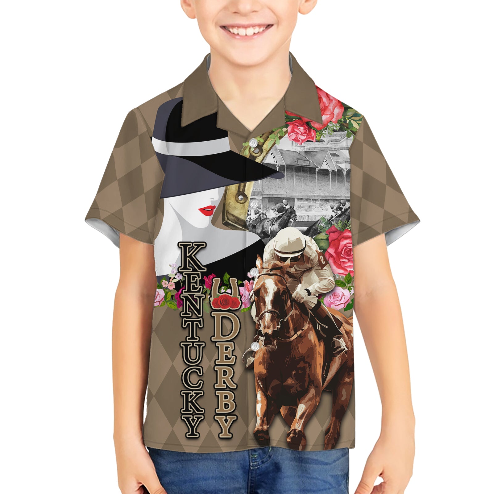 Kentucky Racing Horses Derby Hat Woman Kid Hawaiian Shirt Churchill Downs and Shoehorse Roses - Wonder Print Shop