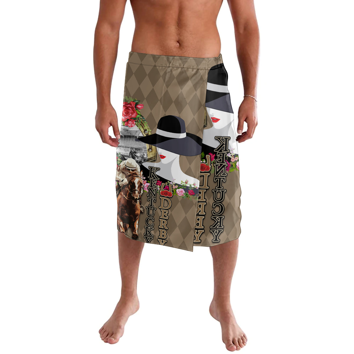 Women’s beige graphic skirt with black top hat, face print, and diamond pattern