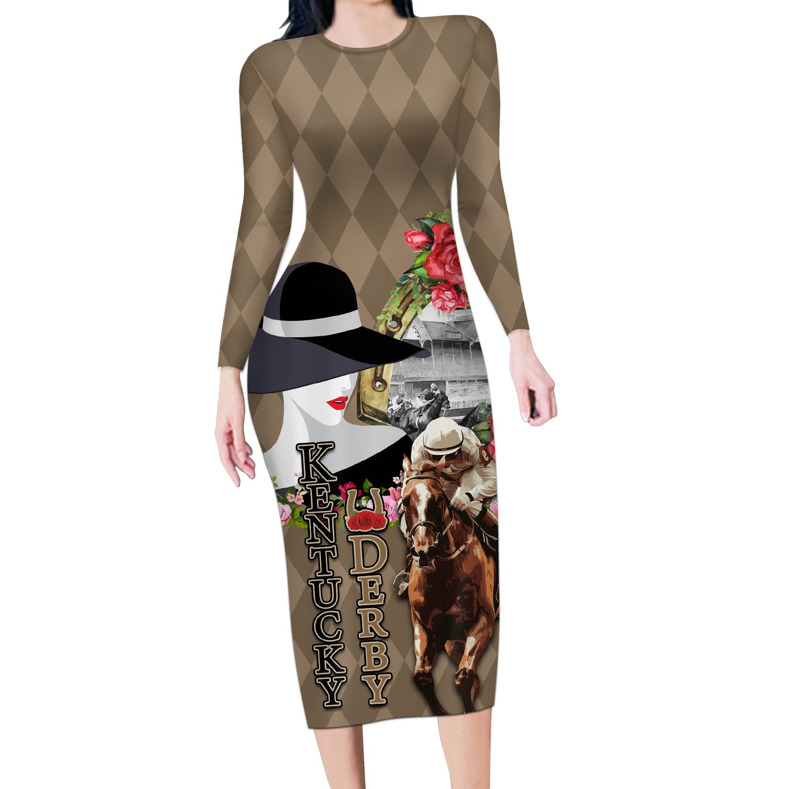 Kentucky Racing Horses Derby Hat Woman Long Sleeve Bodycon Dress Churchill Downs and Shoehorse Roses - Wonder Print Shop