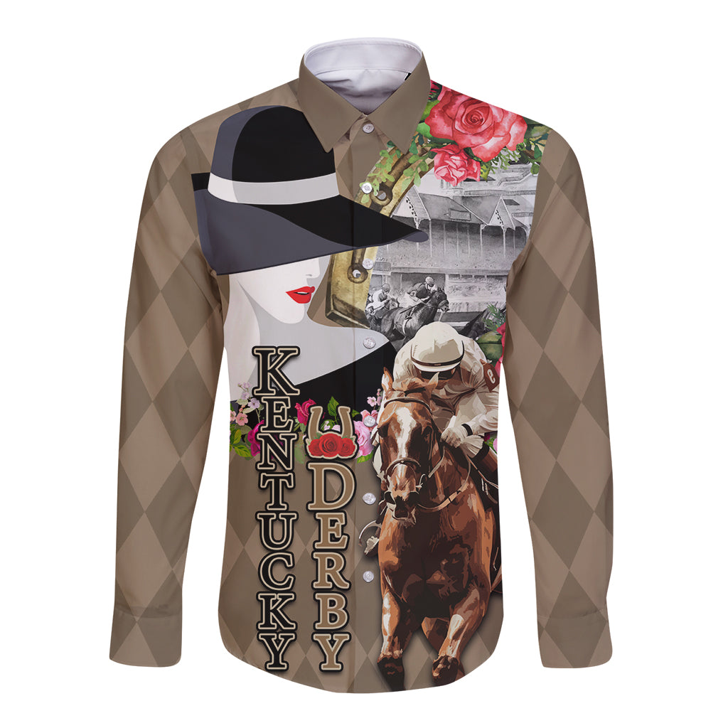 Kentucky Racing Horses Derby Hat Woman Long Sleeve Button Shirt Churchill Downs and Shoehorse Roses - Wonder Print Shop