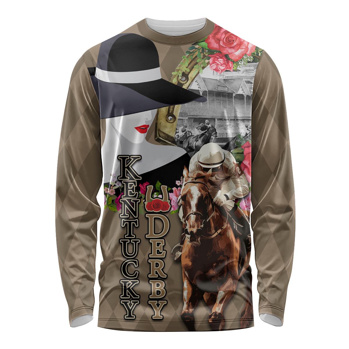 Kentucky Racing Horses Derby Hat Woman Long Sleeve Shirt Churchill Downs and Shoehorse Roses - Wonder Print Shop