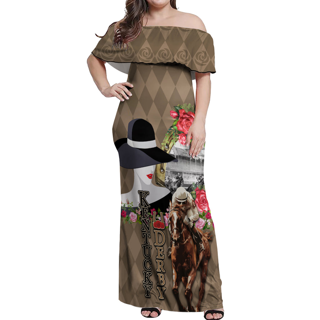 Kentucky Racing Horses Derby Hat Woman Off Shoulder Maxi Dress Churchill Downs and Shoehorse Roses - Wonder Print Shop