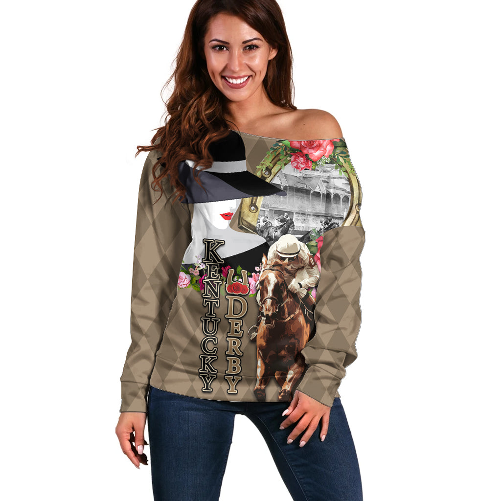 Kentucky Racing Horses Derby Hat Woman Off Shoulder Sweater Churchill Downs and Shoehorse Roses - Wonder Print Shop