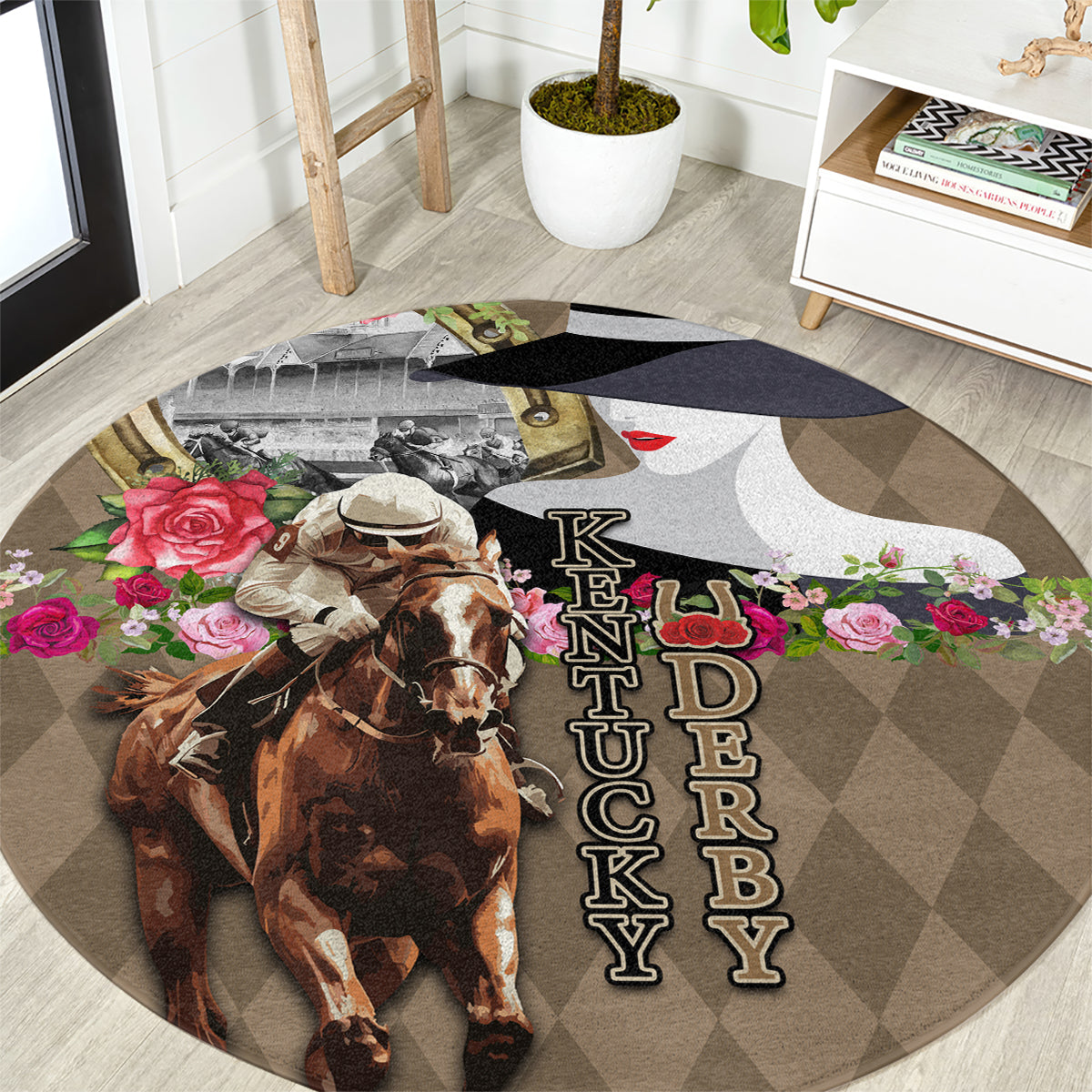 Beige round rug with horse and roses, Kentucky Derby lettering