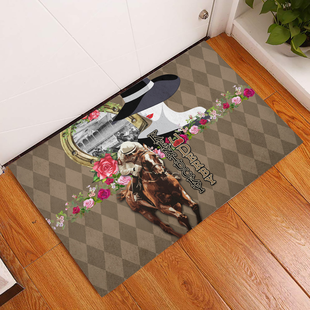 Kentucky Racing Horses Derby Hat Woman Rubber Doormat Churchill Downs and Shoehorse Roses - Wonder Print Shop