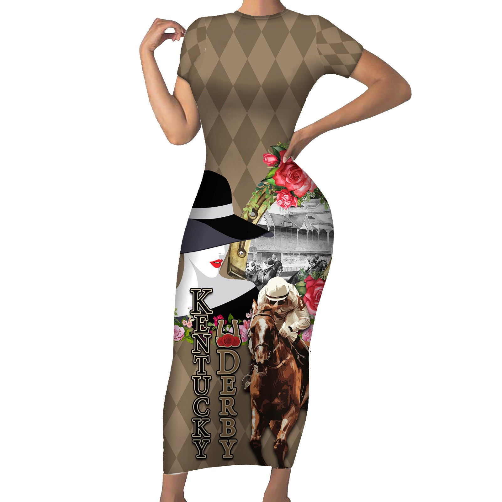 Kentucky Racing Horses Derby Hat Woman Short Sleeve Bodycon Dress Churchill Downs and Shoehorse Roses - Wonder Print Shop