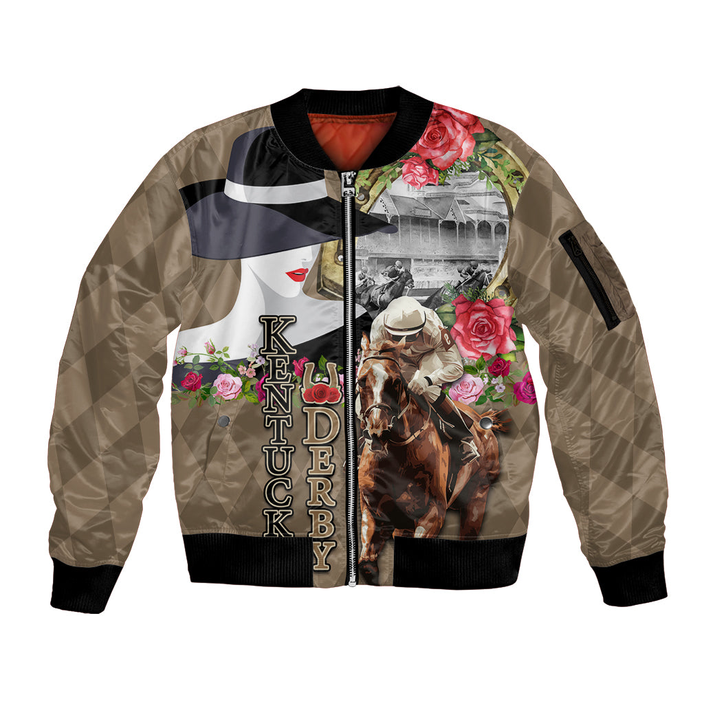 Kentucky Racing Horses Derby Hat Woman Sleeve Zip Bomber Jacket Churchill Downs and Shoehorse Roses - Wonder Print Shop