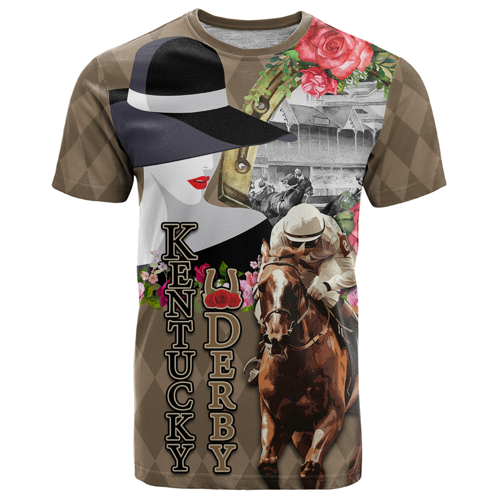 Kentucky Racing Horses Derby Hat Woman T Shirt Churchill Downs and Shoehorse Roses - Wonder Print Shop