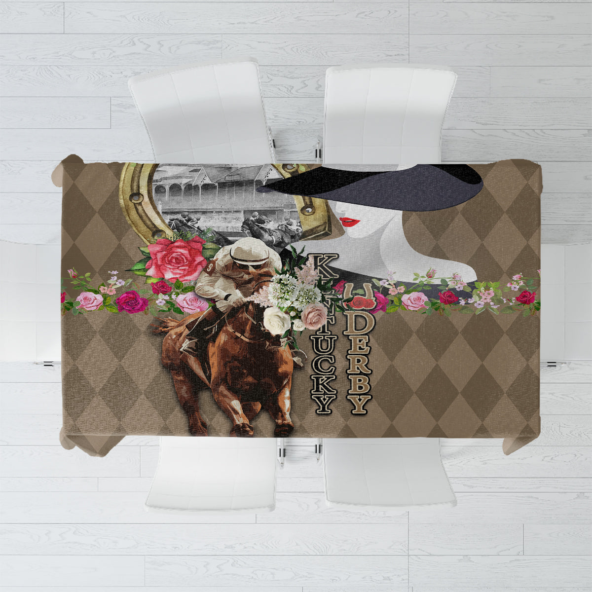 Beige patterned tablecloth with floral accents and decorative horse artwork.
