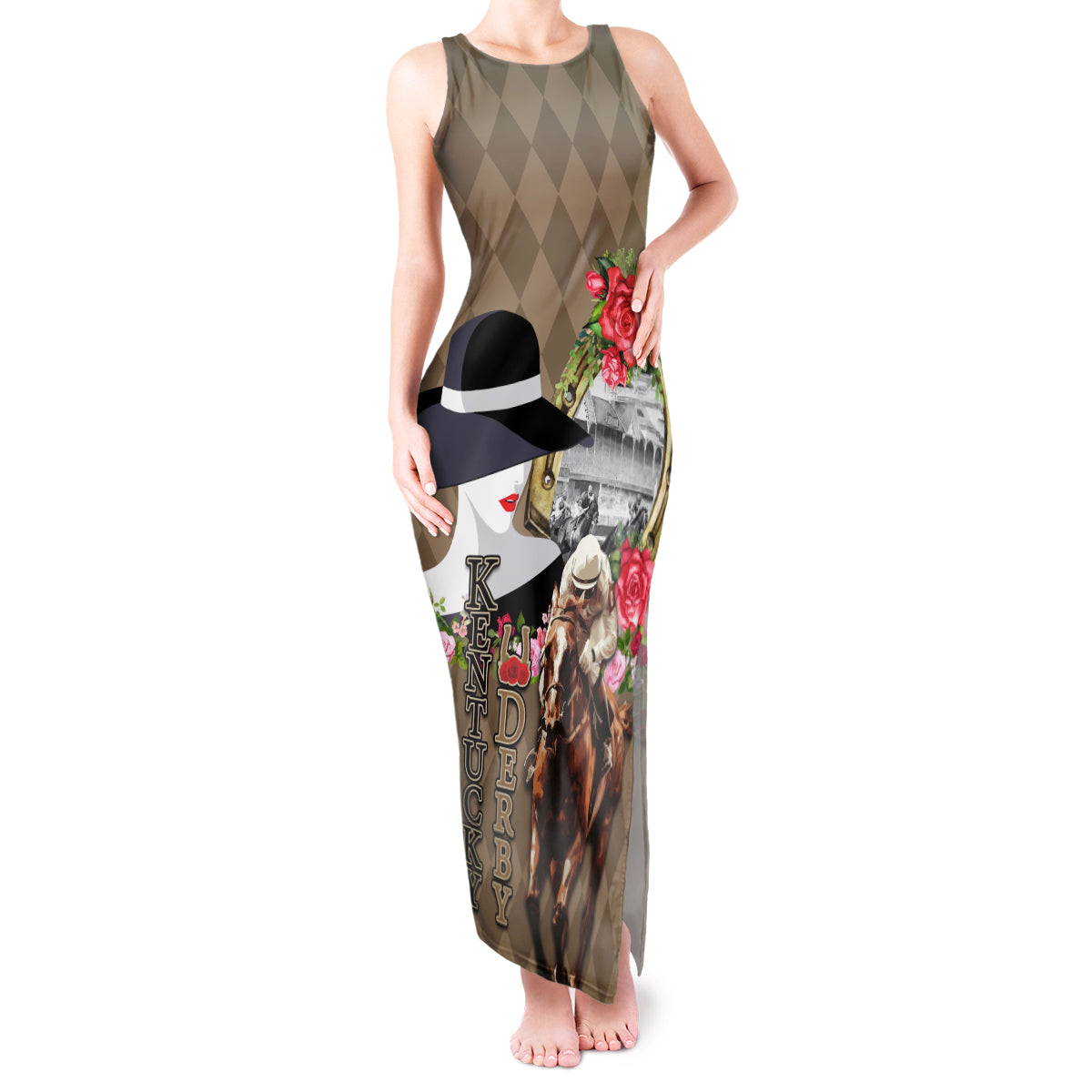 Kentucky Racing Horses Derby Hat Woman Tank Maxi Dress Churchill Downs and Shoehorse Roses - Wonder Print Shop