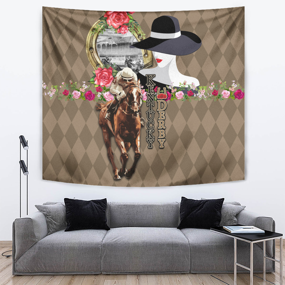 Beige tapestry wall hanging with woman in hat and horse-racing graphic, flowers border