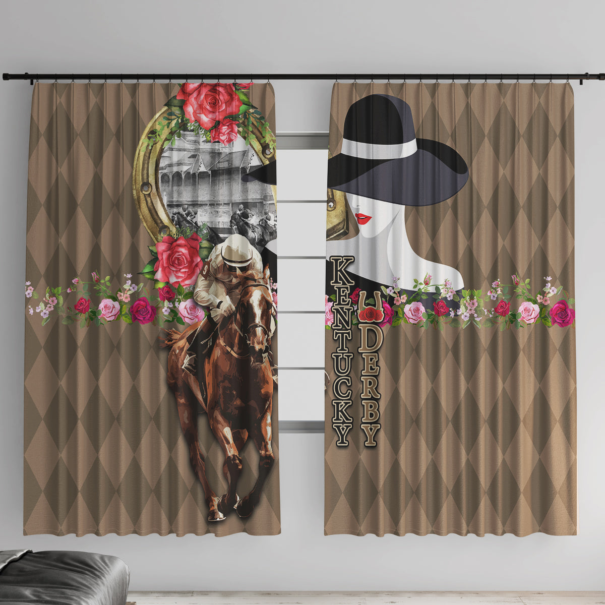 Kentucky Racing Horses Derby Hat Woman Window Curtain Churchill Downs and Shoehorse Roses - Wonder Print Shop