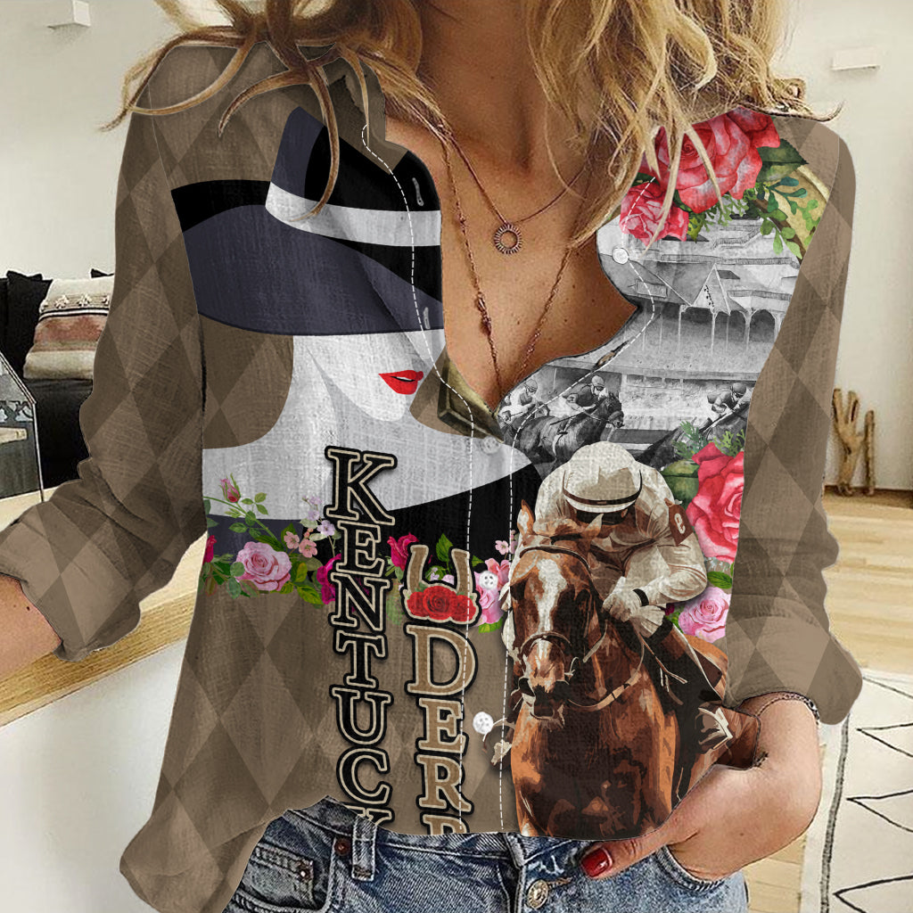 Kentucky Racing Horses Derby Hat Woman Women Casual Shirt Churchill Downs and Shoehorse Roses - Wonder Print Shop