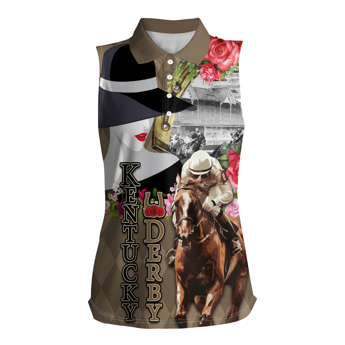 Kentucky Racing Horses Derby Hat Woman Women Sleeveless Polo Shirt Churchill Downs and Shoehorse Roses - Wonder Print Shop