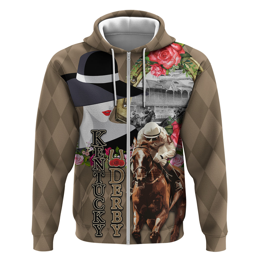 Kentucky Racing Horses Derby Hat Woman Zip Hoodie Churchill Downs and Shoehorse Roses - Wonder Print Shop