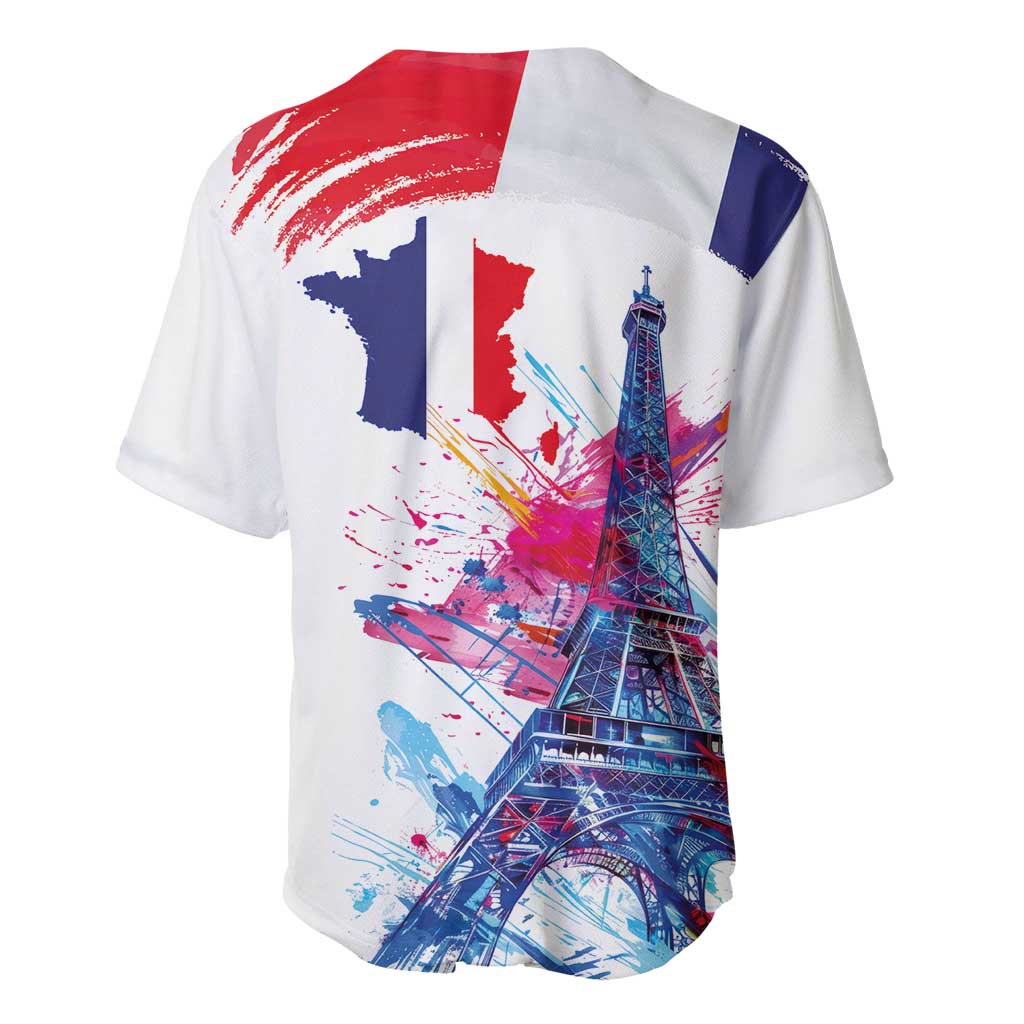 Bastille Day Baseball Jersey Eiffel Tower Brush Strokes Colorful with The Map