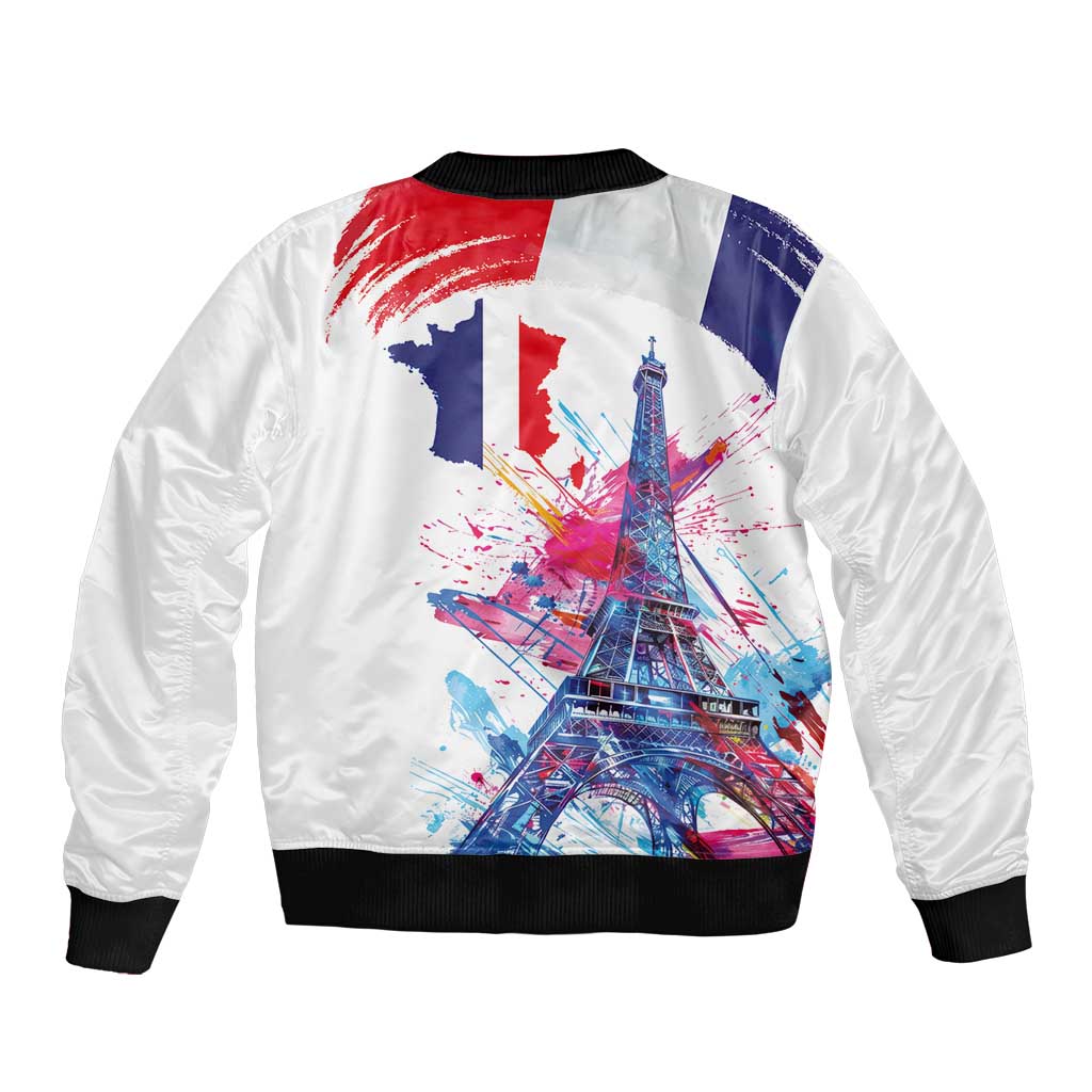 Bastille Day Bomber Jacket Eiffel Tower Brush Strokes Colorful with The Map