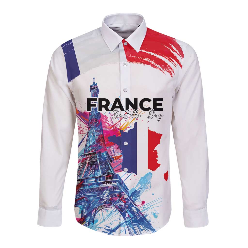 Bastille Day Long Sleeve Button Shirt Eiffel Tower Brush Strokes Colorful with The Map
