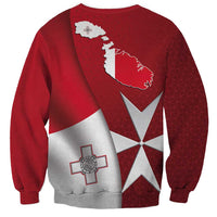 Red crewneck sweatshirt with Maltese flag map, star details, Maltese cross graphic