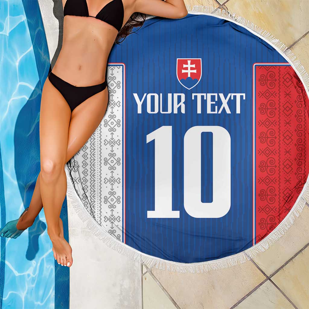 Round blue beach blanket draped by a pool, red and white side panels with large '10'