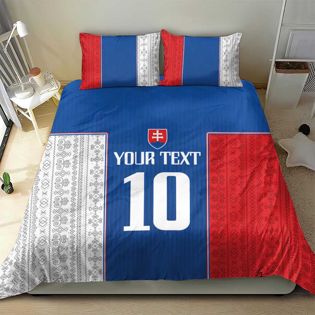 Blue, red, and white bedding set with Slovakia crest, white number 10, “YOUR TEXT”