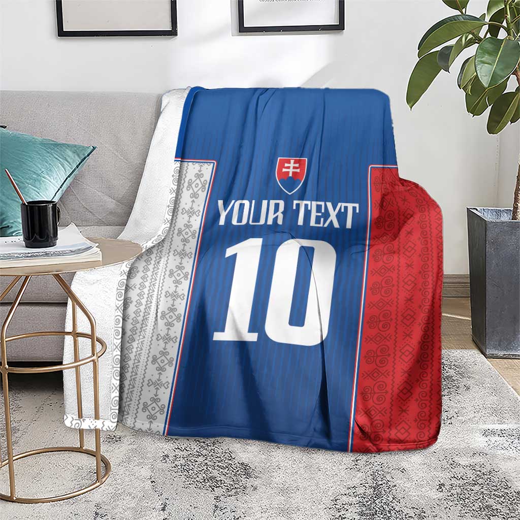 Blue, red, and white Slovakia football blanket on gray sofa with 'YOUR TEXT' and number 10.
