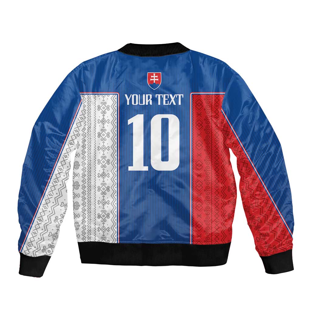 Unisex blue bomber jacket back, YOUR TEXT and 10 number with crest, red/white patterned panels
