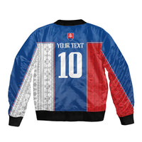 Unisex blue bomber jacket back, YOUR TEXT and 10 number with crest, red/white patterned panels