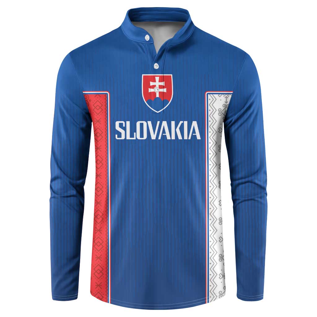 Blue long-sleeve button sweatshirt with Slovakia crest and 'SLOVAKIA' front print